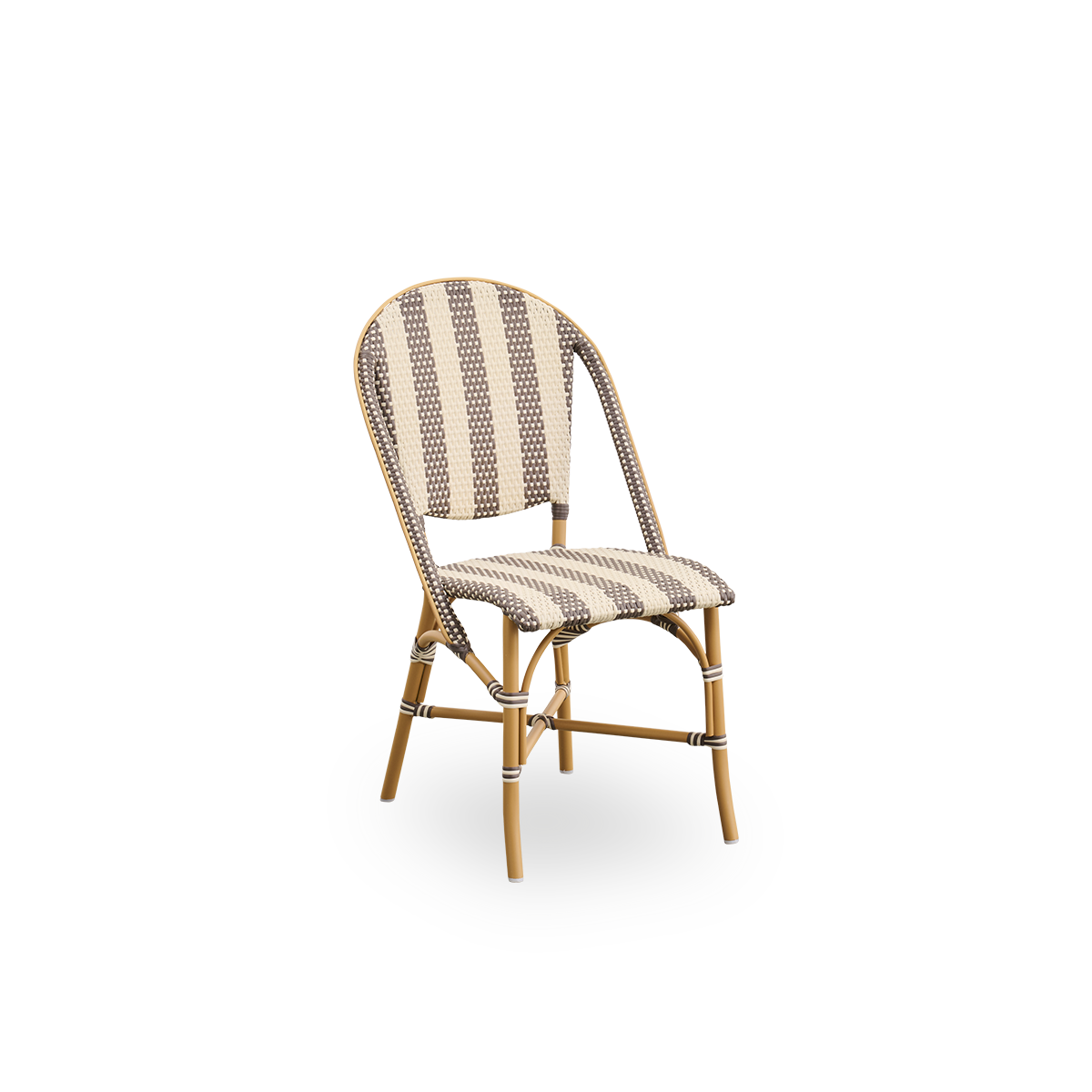 Side view af Sofie udendørs spisestol, inspireret af fransk caféstil. Aluminiumsramme i Almond-farve med fuldt flettet sæde og ryg håndlavet i ArtFibre med brede striber i elfenben og brun. Stabelbar udendørs bistrostol.