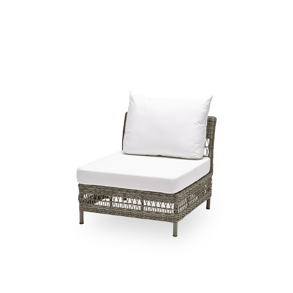 Sidevisning af Mona udendørs sofa, midtermodul med sæde- og ryghynde, i antikgrå ArtFibre og aluminium. Del af Mona modulsofaen, der tilpasser sig formen på det uderum, den står i. Håndflettet i vejrbestandig ArtFibre på aluminiumsstel til udendørs brug.