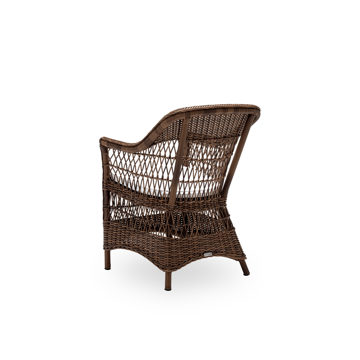 Bagsidevisning af Charlot udendørs spisebordsstol med sædehynde, i brun ArtFibre og aluminium. Fra Sika-Designs Georgia Garden-kollektion, inspireret af britisk kolonistil og klassisk dansk flet, med armlæn og høj ryg.