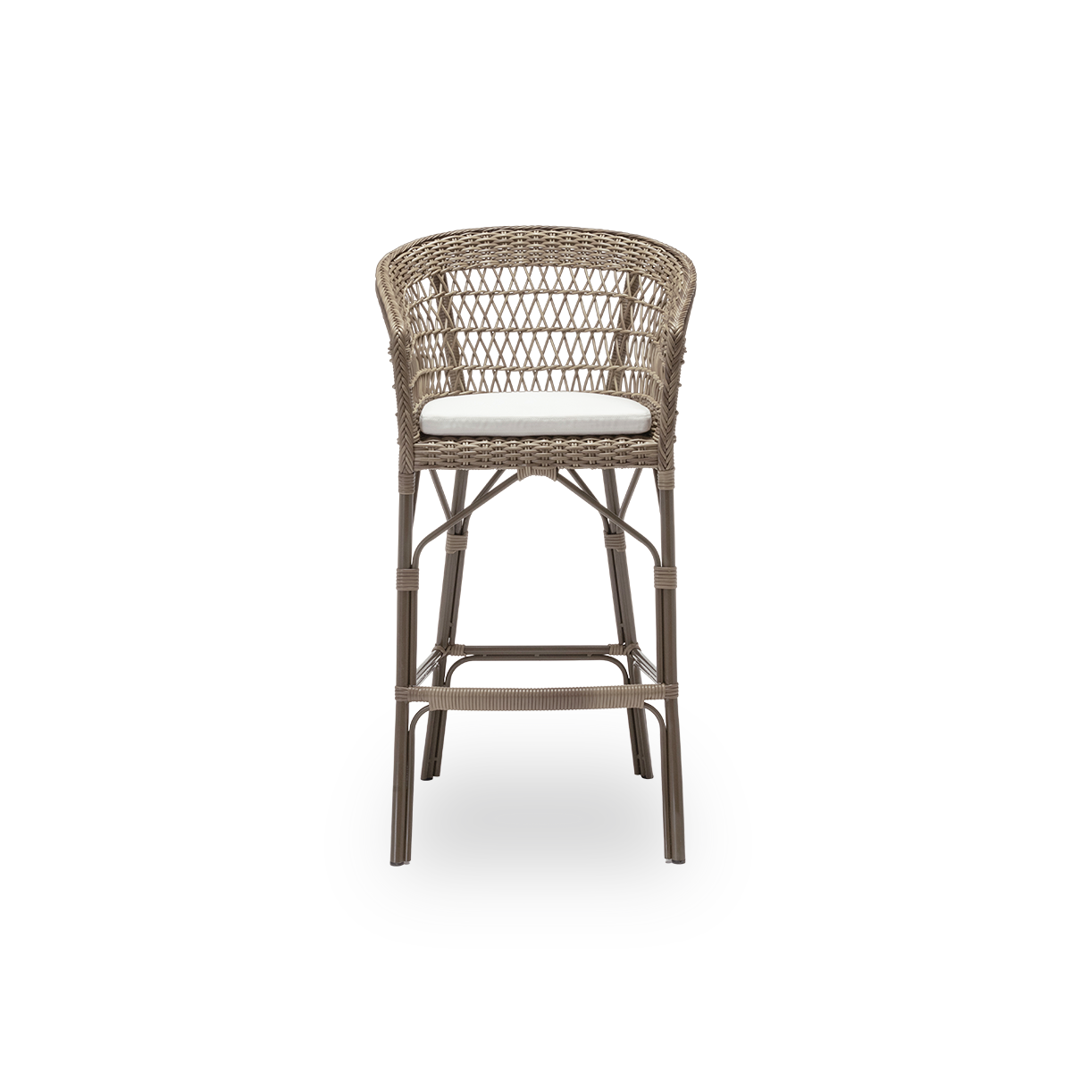 Forsidevisning af Emma udendørs barstol med sædehynde, i antikgrå ArtFibre og aluminium. Fra Sika-Designs Georgia Garden-kollektion, velegnet til både private hjem og til hoteller og restauranter.