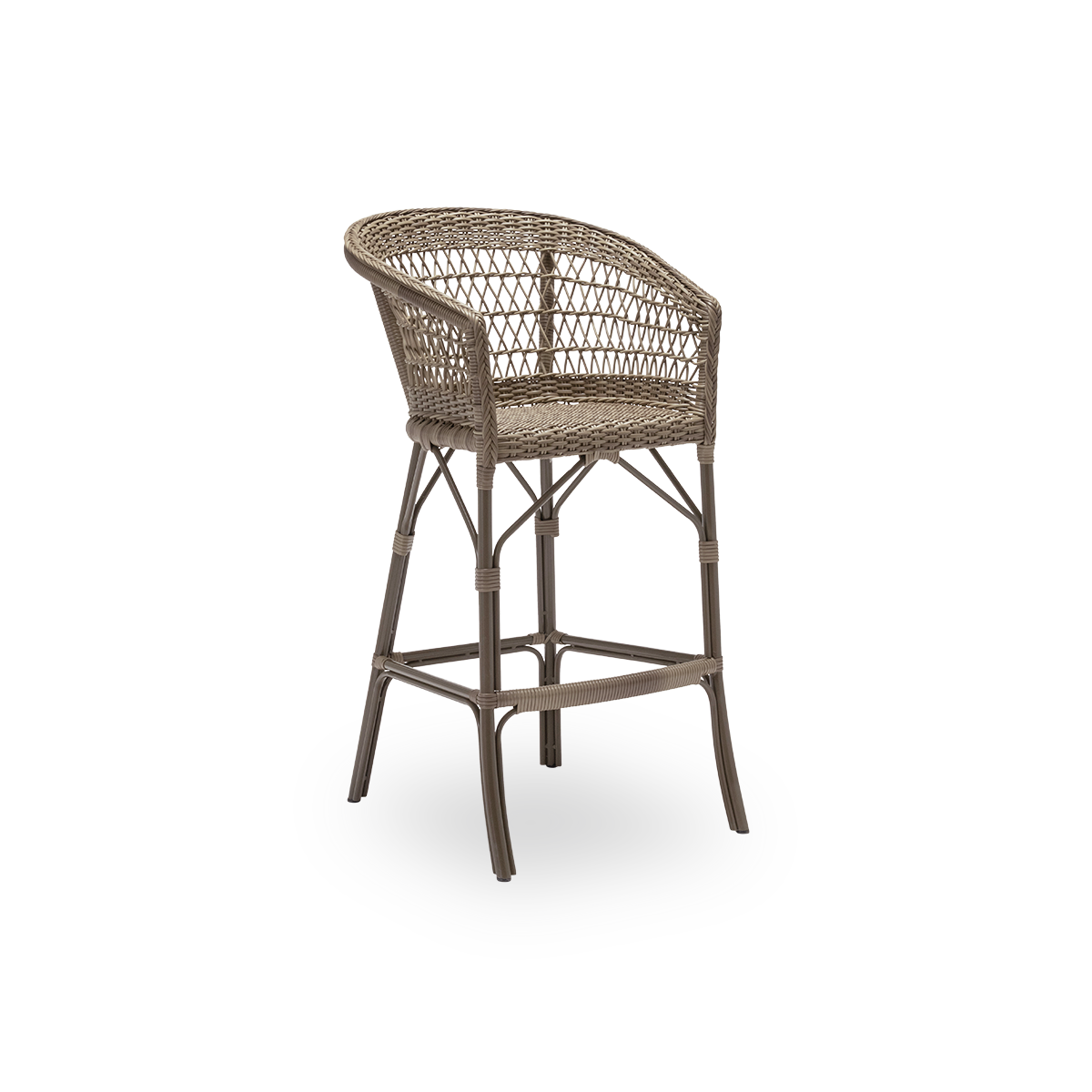 Sidevisning af Emma udendørs barstol, i antikgrå ArtFibre og aluminium. Fra Sika-Designs Georgia Garden-kollektion, velegnet til både private hjem og til hoteller og restauranter. Håndflettet i vejrbestandig ArtFibre på aluminiumsstel til udendørs brug.