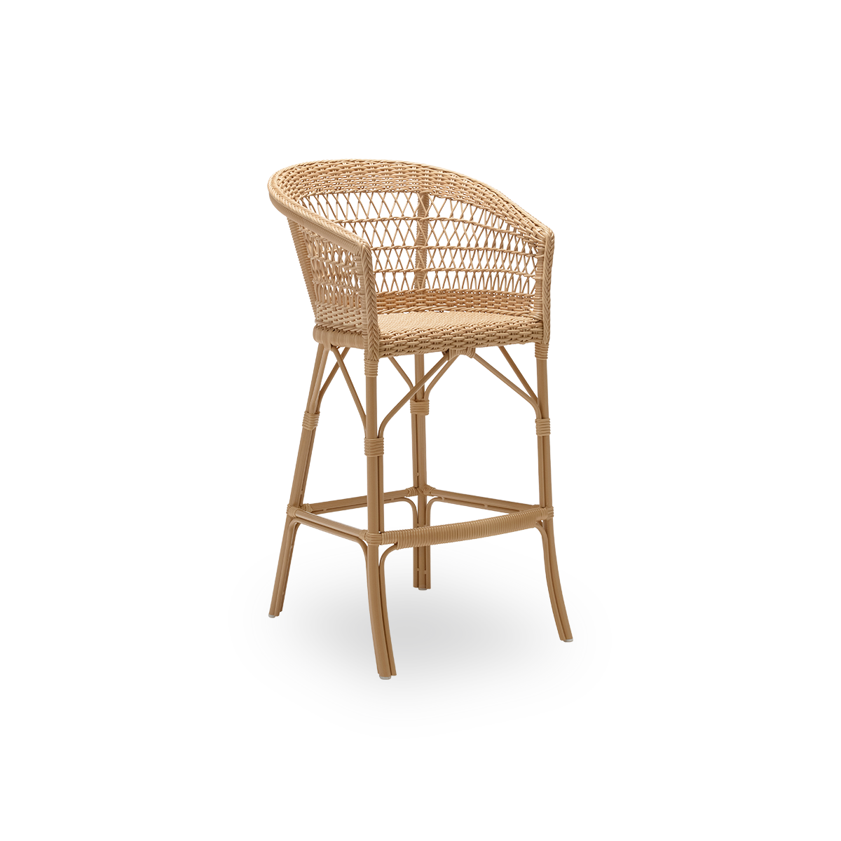 Sidevisning af Emma udendørs barstol, i naturfarvet ArtFibre og aluminium. Fra Sika-Designs Georgia Garden-kollektion, velegnet til både private hjem og til hoteller og restauranter.