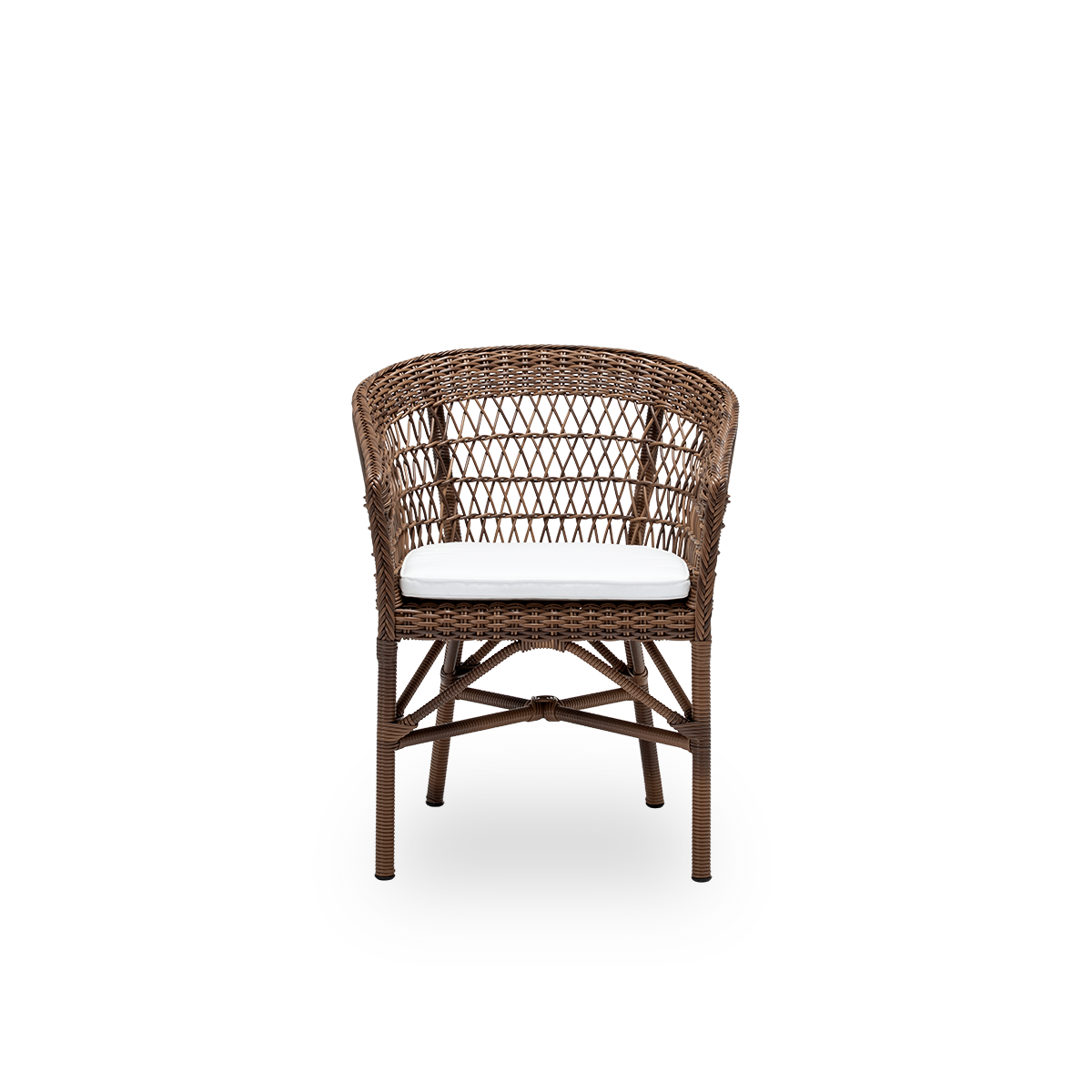 Forsidevisning af Emma udendørs spisebordsstol med sædehynde, i brun ArtFibre og aluminium. Fra Sika-Designs Georgia Garden-kollektion, inspireret af britisk kolonistil og klassiske danske flettede møbler.