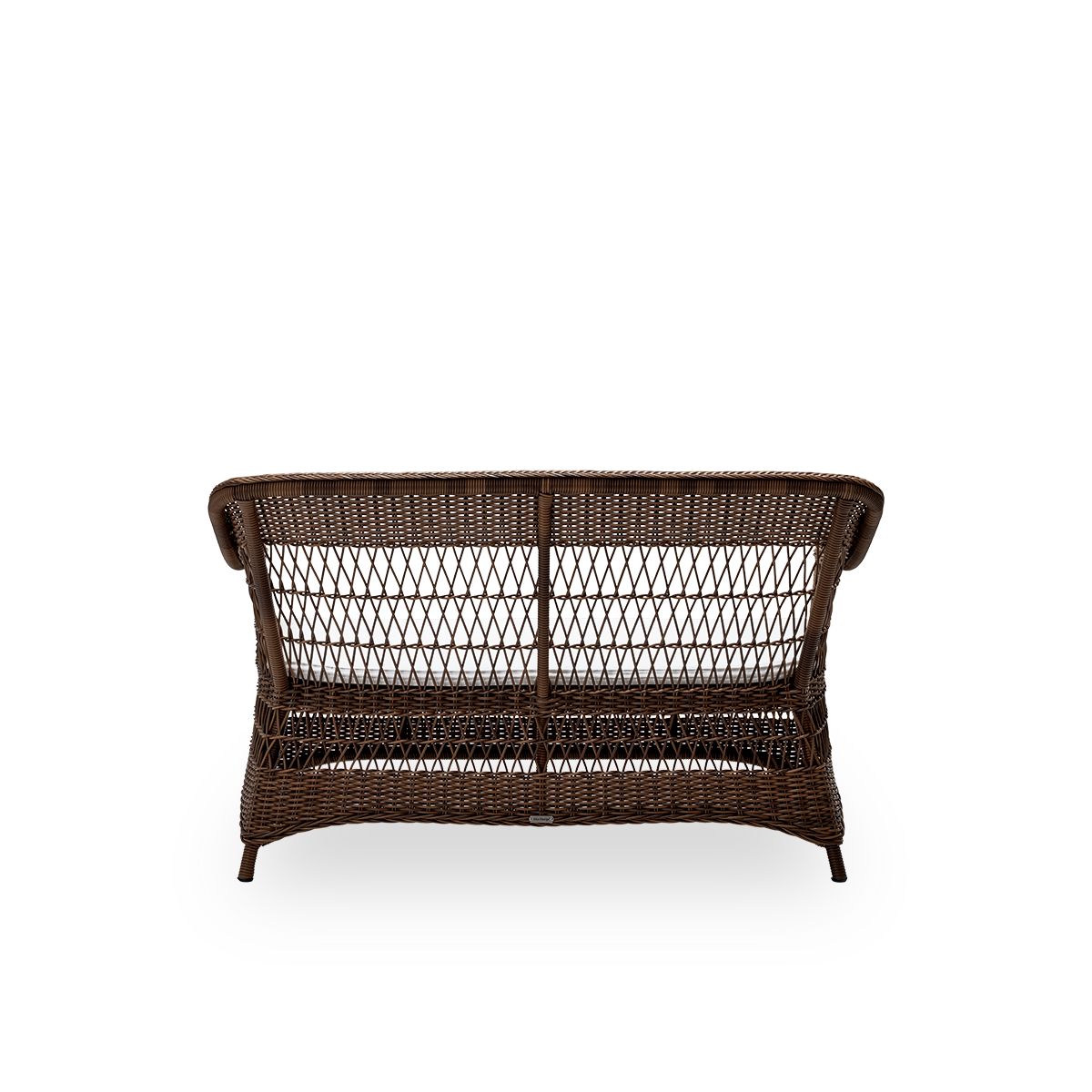 Ren bagvisning af Charlot udendørs 2-personers sofa med sædehynde, i brun ArtFibre og aluminium. Fra Sika-Designs Georgia Garden-kollektion, inspireret af britisk kolonistil og klassiske danske flettede møbler.