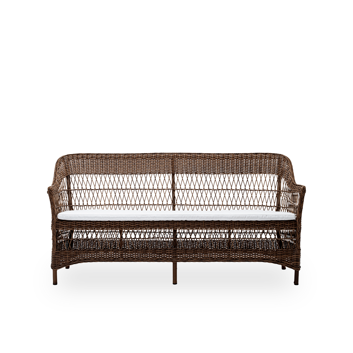 Forsidevisning af Charlot udendørs 3-personers sofa med sædehynde, i brun ArtFibre og aluminium. Fra Sika-Designs Georgia Garden-kollektion, inspireret af britisk kolonistil og klassiske danske flettede møbler.