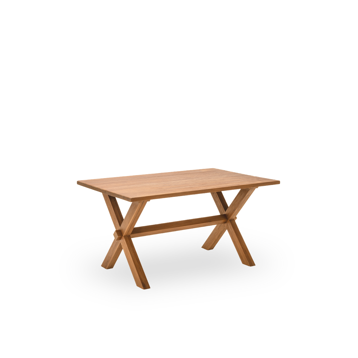 Sidevisning af Hugo spisebord, 140x90 cm, i teak med en naturlig, patineret overflade. Overfladebehandlet så træets naturlige åretegning træder frem, med plads til fire. Fremstillet i teak certificeret som Indonesian Legal Wood.