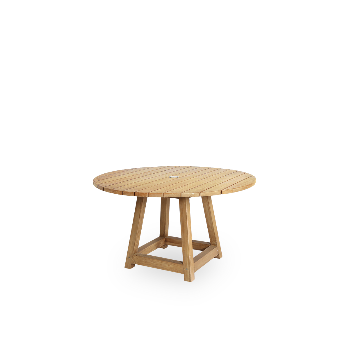 Side view af George udendørs rundt teakspisebord Ø120 cm, egnet til 4 personer, med parasolhul i midten. Bordet er håndlavet i premium teak fra Indonesien, certificeret som ‘Indonesian Legal Wood’.