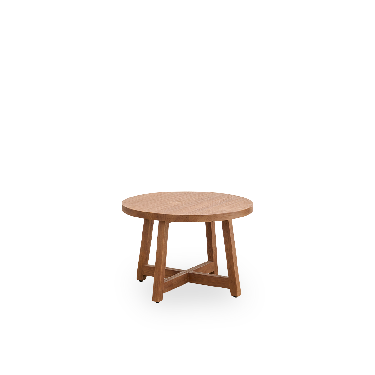 Side view af rundt sofabord med en diameter på 75 cm og en højde på 51 cm, lavet af teak med en naturlig, patineret overflade.