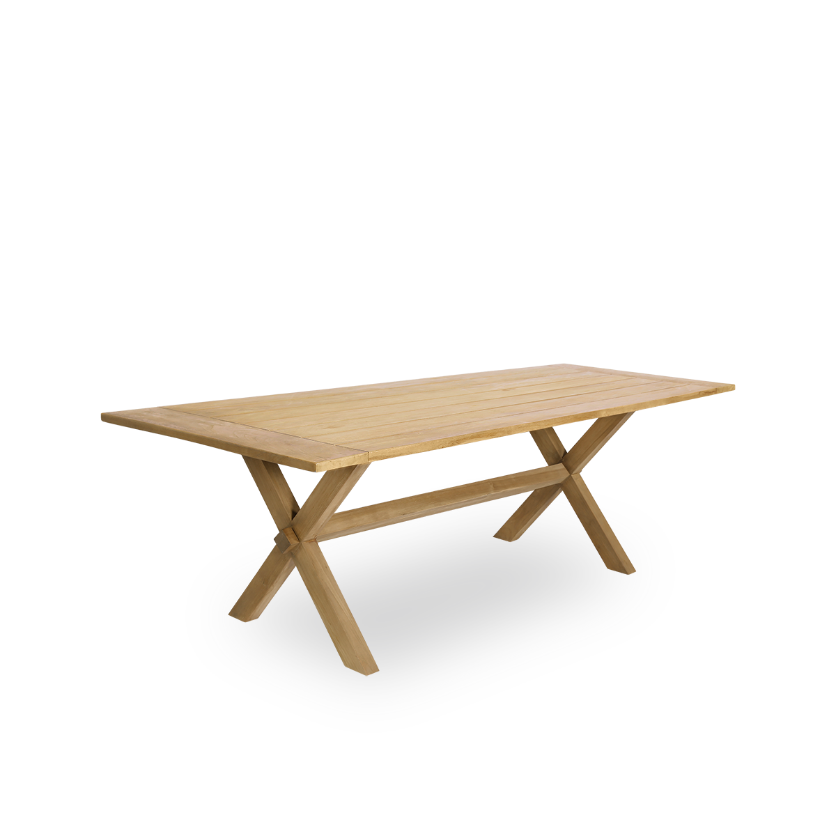 Side view af Colonial udendørs teakspisebord 300x100 cm, egnet til 8 personer. Bordet har en brun kastanjefarve, hvor træplankerne er placeret med et lille mellemrum imellem.