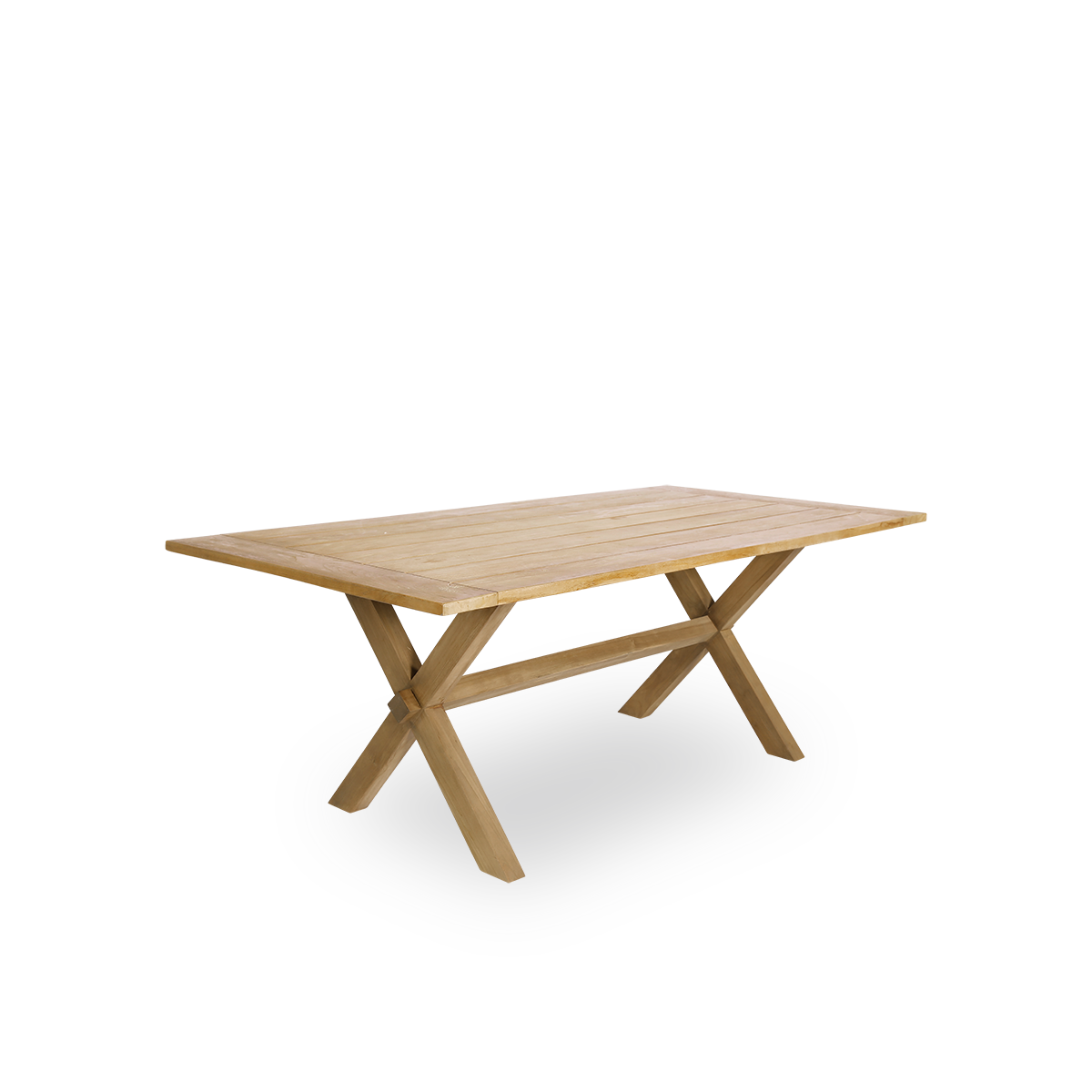 Side view af Colonial udendørs teakspisebord 200x100 cm, egnet til 6 personer. Bordet har en brun kastanjefarve, hvor træplankerne er placeret med et lille mellemrum imellem.