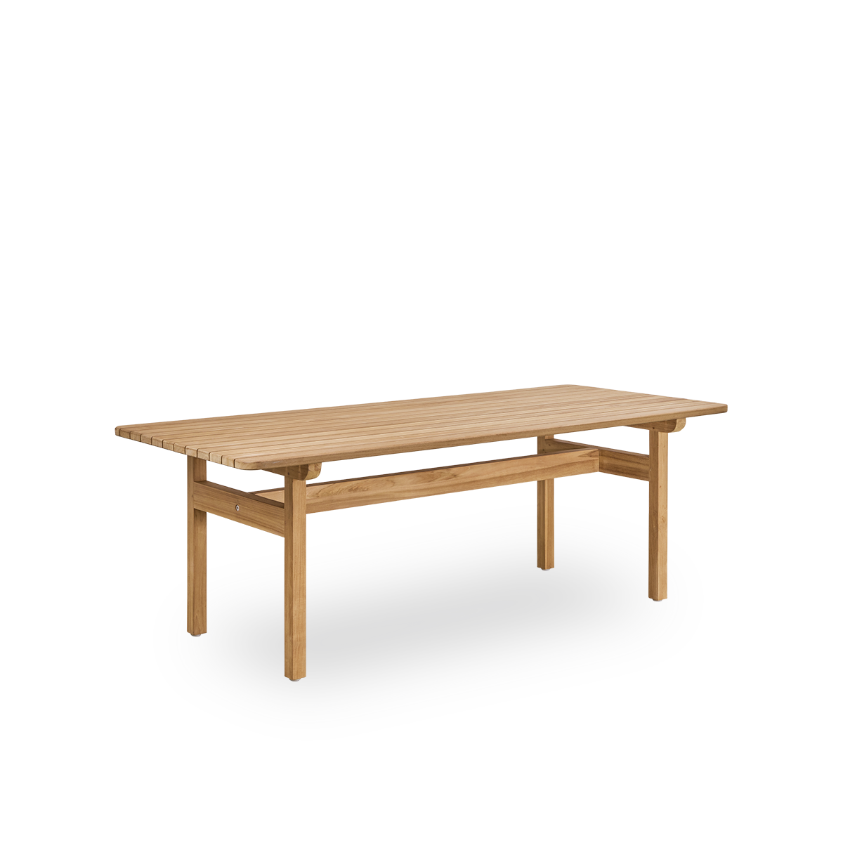 Side view af Tobias udendørs teakbord designet af Arne Jacobsen, størrelse 205x91 cm. Håndlavet i høj kvalitet, certificeret Indonesisk teaktræ.