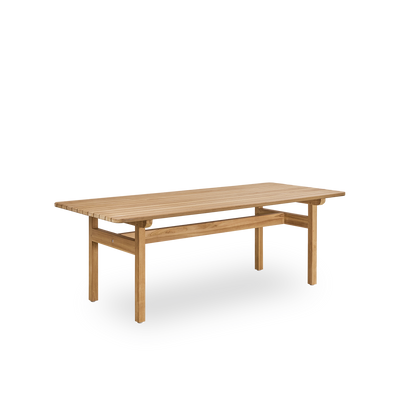 Side view af Tobias udendørs teakbord designet af Arne Jacobsen, størrelse 205x91 cm. Håndlavet i høj kvalitet, certificeret Indonesisk teaktræ.