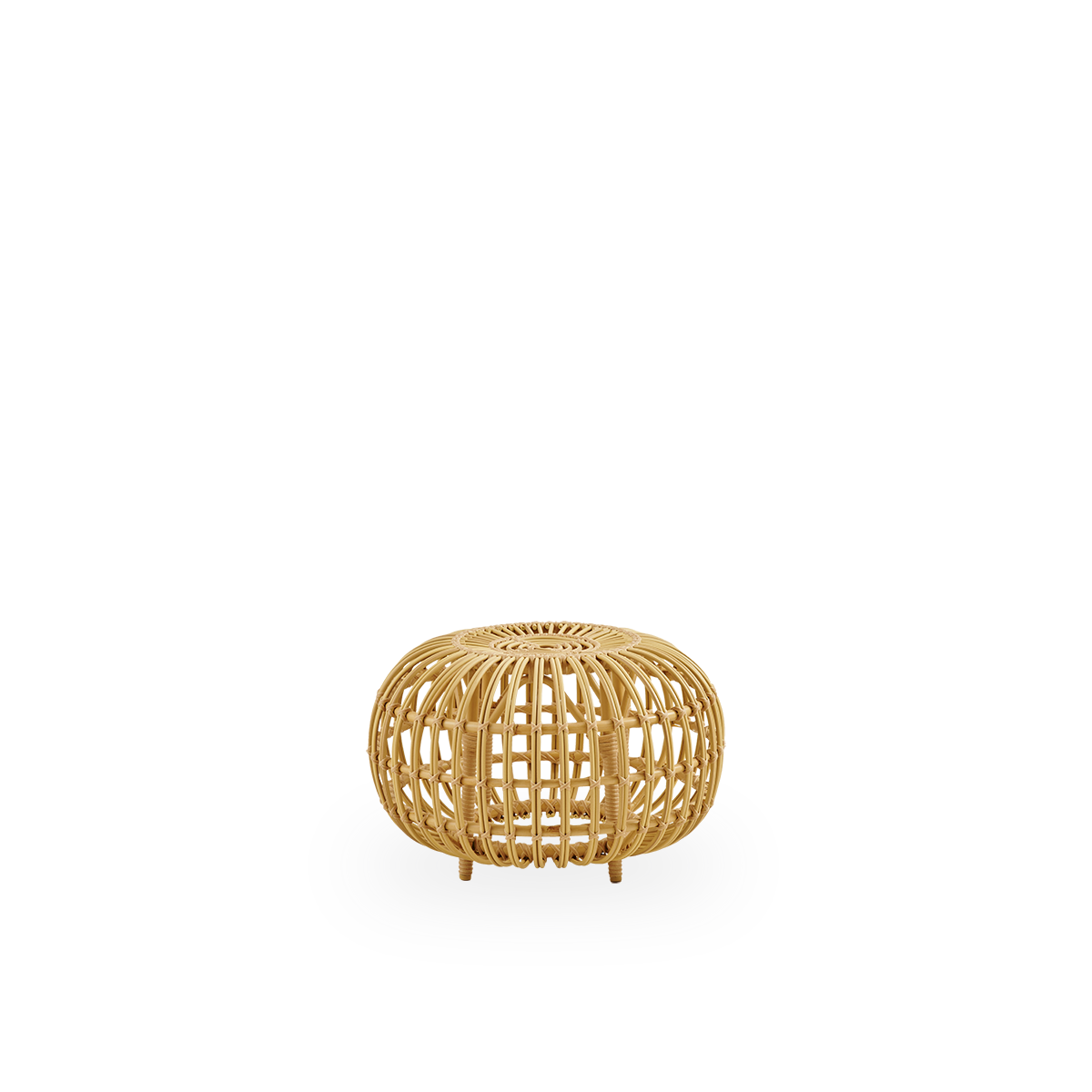 Side view af lille udendørs Ottoman Ø55 cm, designet af Franco Albini & Franca Helg. Rund ottoman lavet med aluminiumsramme i rattan-look med ArtFibre-omviklinger.