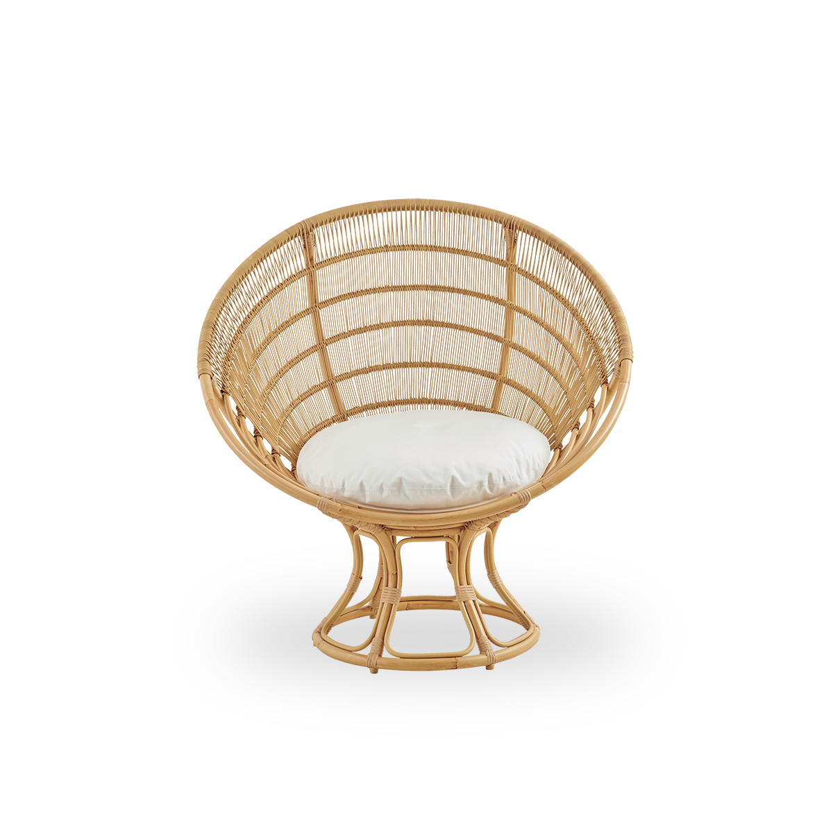 Ren front vinkel af Luna Exterior loungestol designet af Franco Albini & Franca Helg.
Rund udendørs loungestol med aluminiumsramme i håndmalet rattan-look med ArtFibre-fletninger.