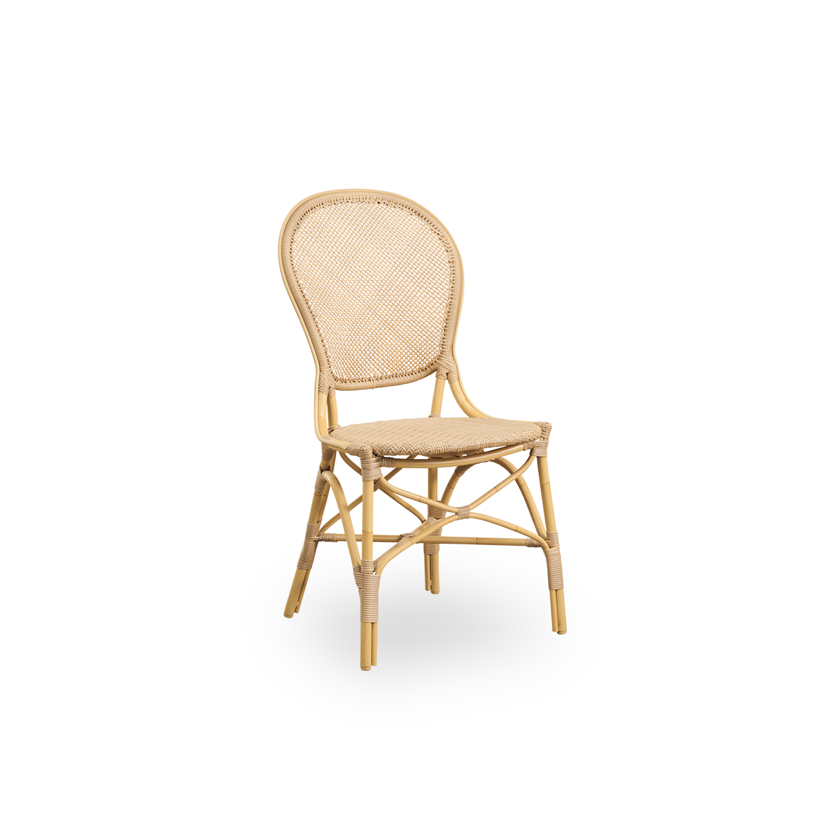 Side view af Rossini udendørs spisestol i Natural farve. Elegant stol med rund ryg i simpelt design. Aluminiumsramme i rattan-look med flettet ArtFibre-sæde og ryg.