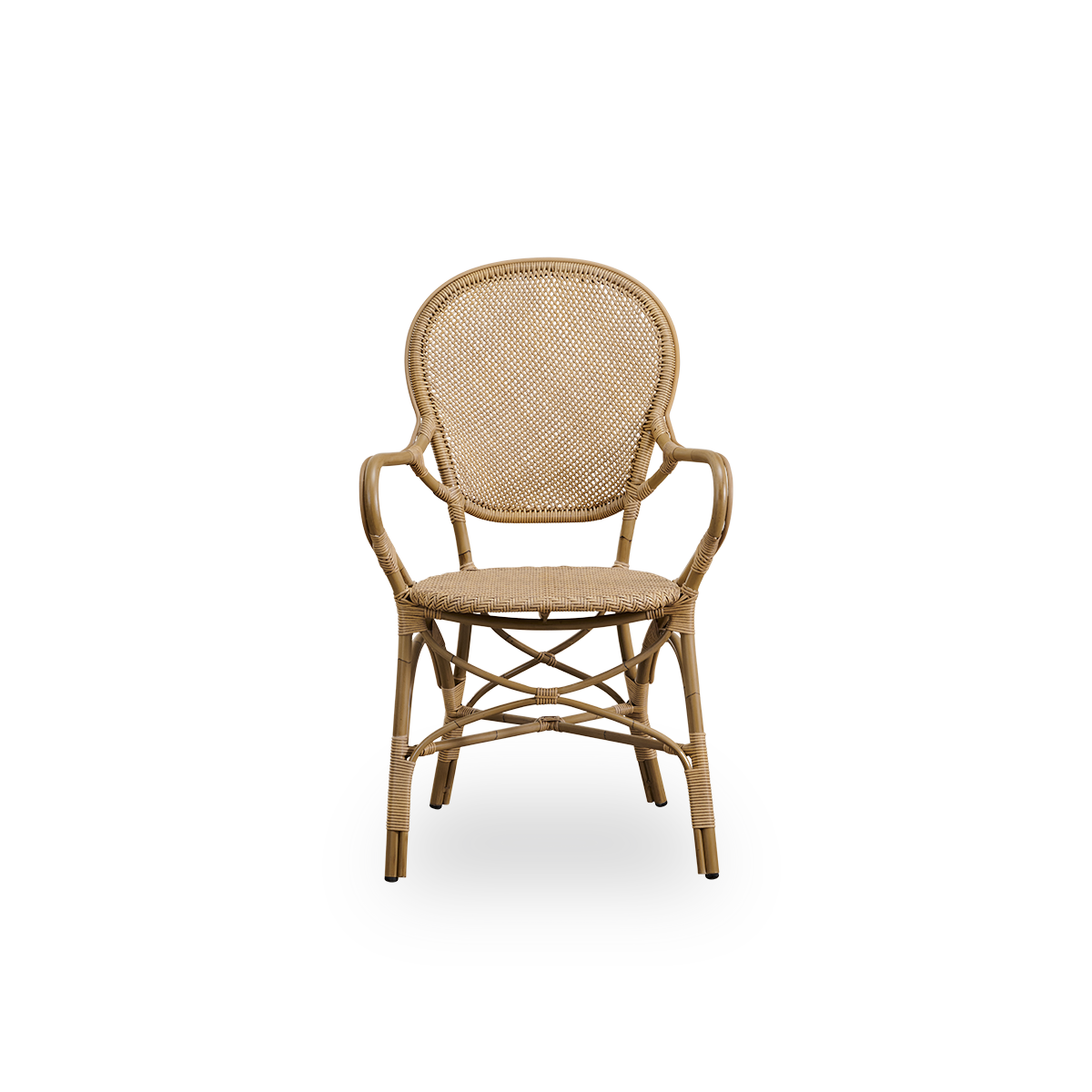 Ren front vinkel af Rossini udendørs spisebordsstol med armlæn i antik farve.
Elegant stol med rundt ryglæn og armlæn i et enkelt design. Aluminiumsstel i rattan-look med flettet ArtFibre-sæde og ryglæn.