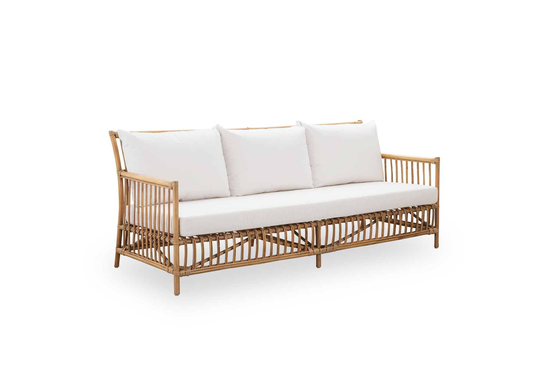 Side view af Caroline udendørs 3-personers sofa i farven Antique, med enkelt og elegant dansk design. Aluminiumsramme i rattan-look med ArtFibre-fletninger.