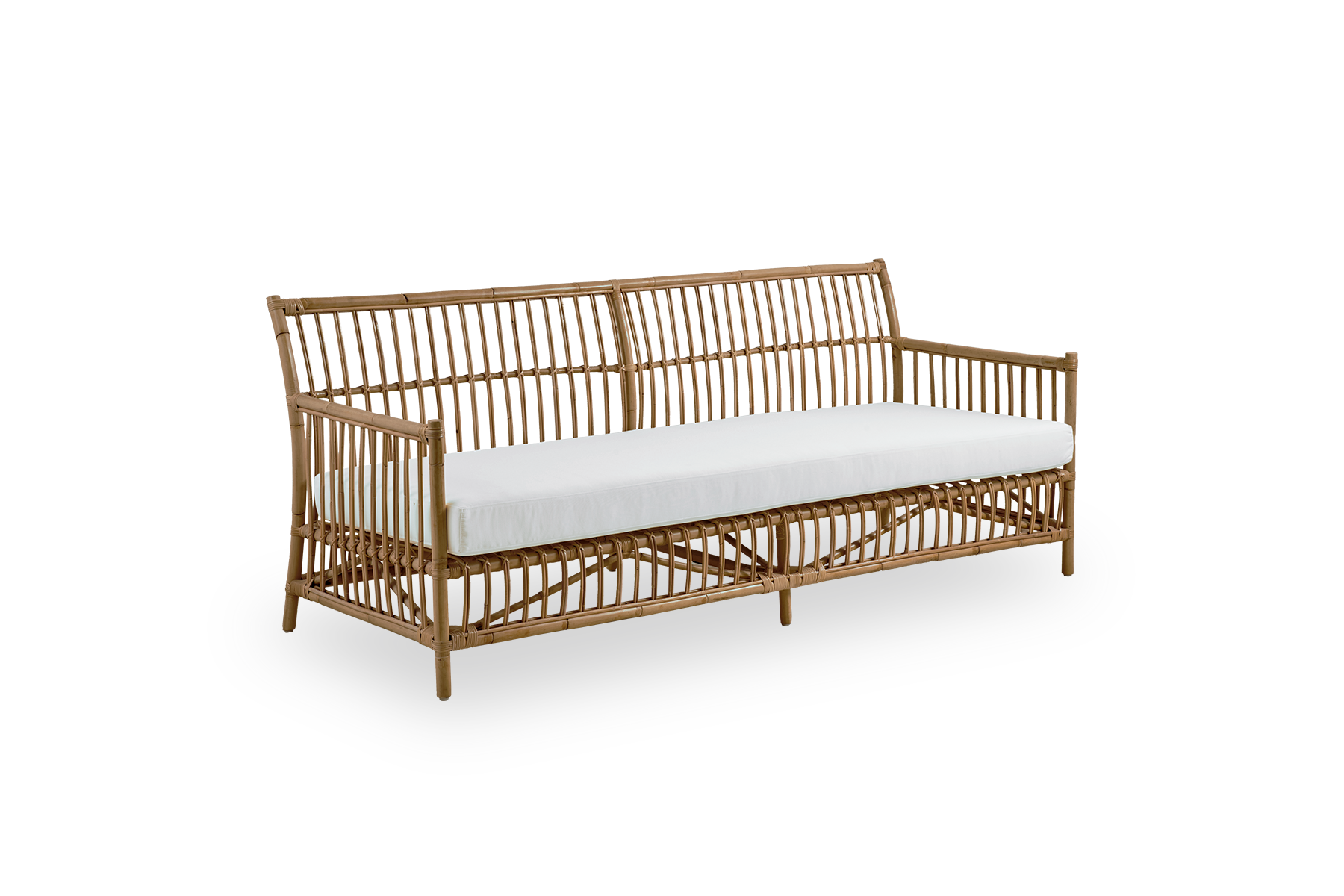 Side view af Caroline udendørs 3-personers sofa i farven Antique, med enkelt og elegant dansk design. Aluminiumsramme i rattan-look med ArtFibre-fletninger.