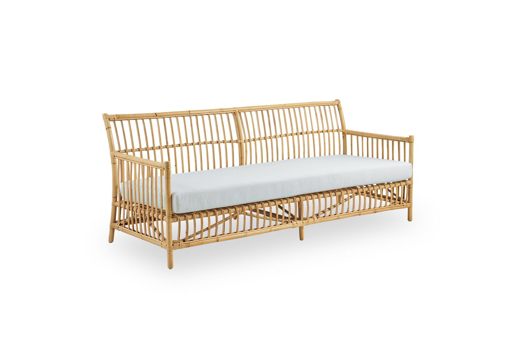 Side view af Caroline udendørs 3-personers sofa i farven Natural, med enkelt og elegant dansk design. Aluminiumsramme i rattan-look med ArtFibre-fletninger.