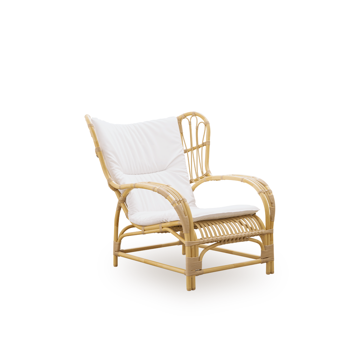 Side view af Teddy Exterior loungestol designet af Viggo Boesen. Stor, omsluttende loungestol lavet af aluminiumsramme i rattan-look med ArtFibre-omviklinger.