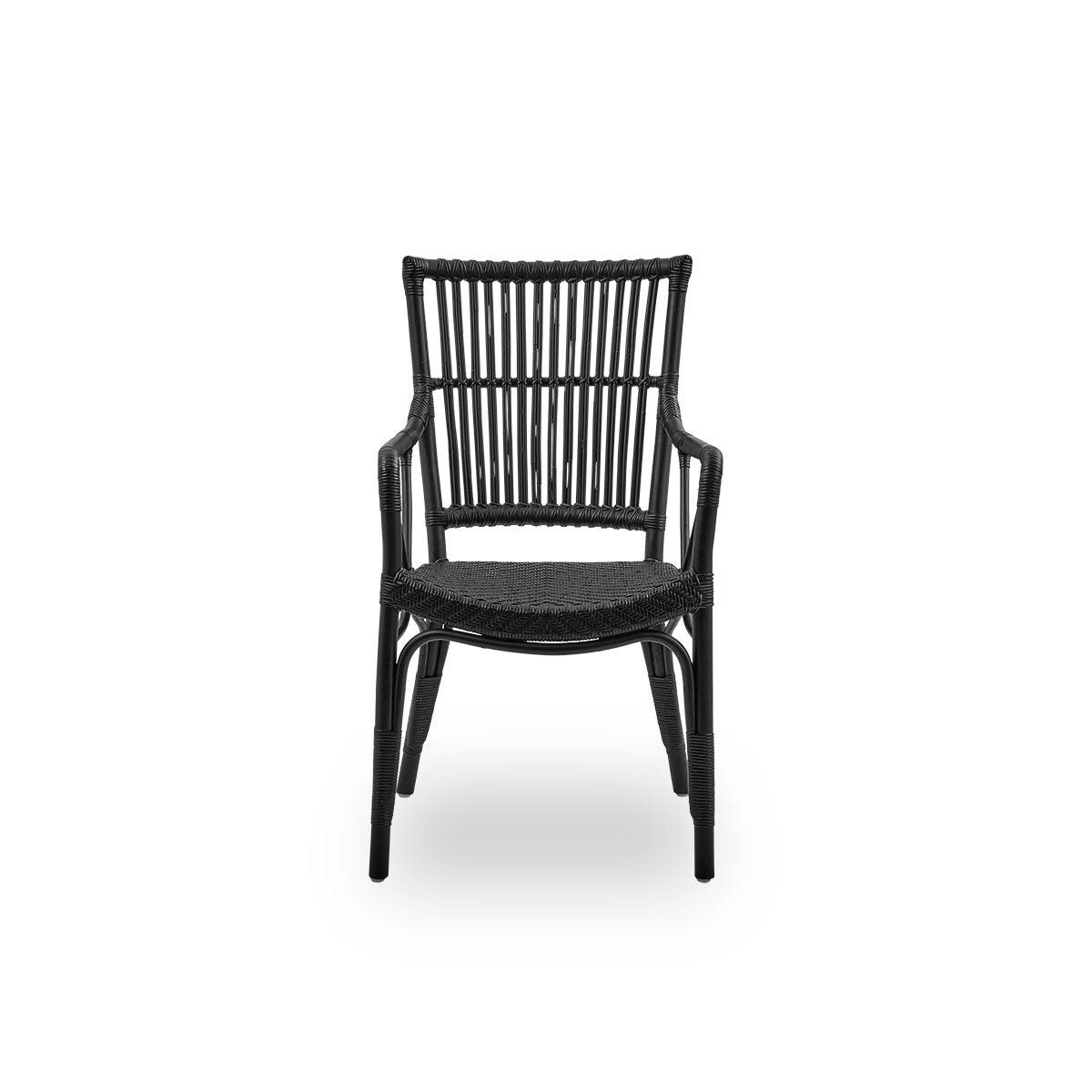 Front view of the Piano armchair in black color.
Elegant wicker chair with high backrest and armrests handcrafted from high-quality Indonesian rattan.