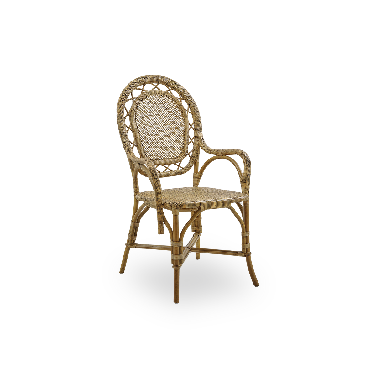 Side view af Romantica spisestol i Antique brown farve. Elegant, romantisk fletspisestol med rund ryg og fuldt flettet sæde i charmerende dansk design. Håndlavet i højkvalitets indonesisk rattan.