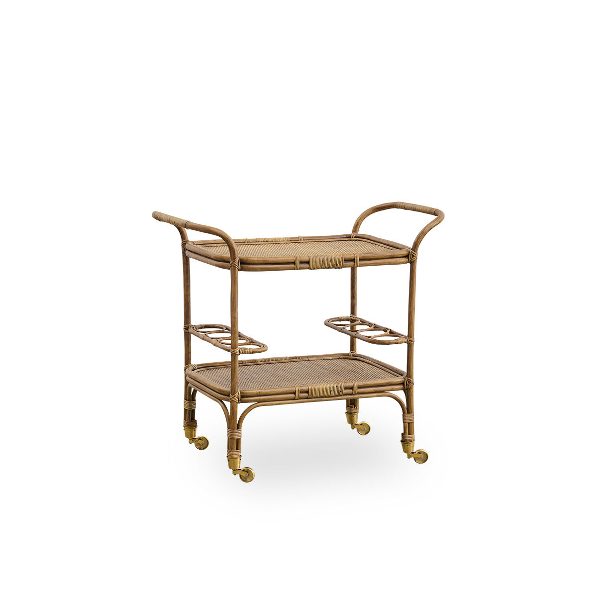 Side view af Carlo barvogn, håndlavet i rattan af høj kvalitet fra Indonesien med antik brun finish, med detaljerede fletninger på en solid rattanramme.