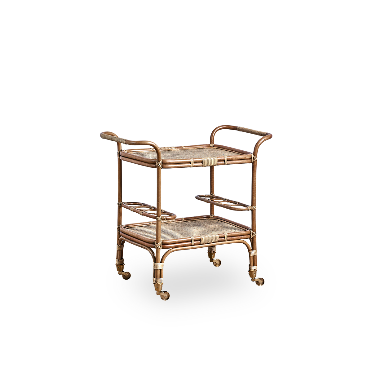 Side view af Carlo barvogn, håndlavet i rattan af høj kvalitet fra Indonesien med antik brun finish, med detaljerede fletninger på en solid rattanramme.