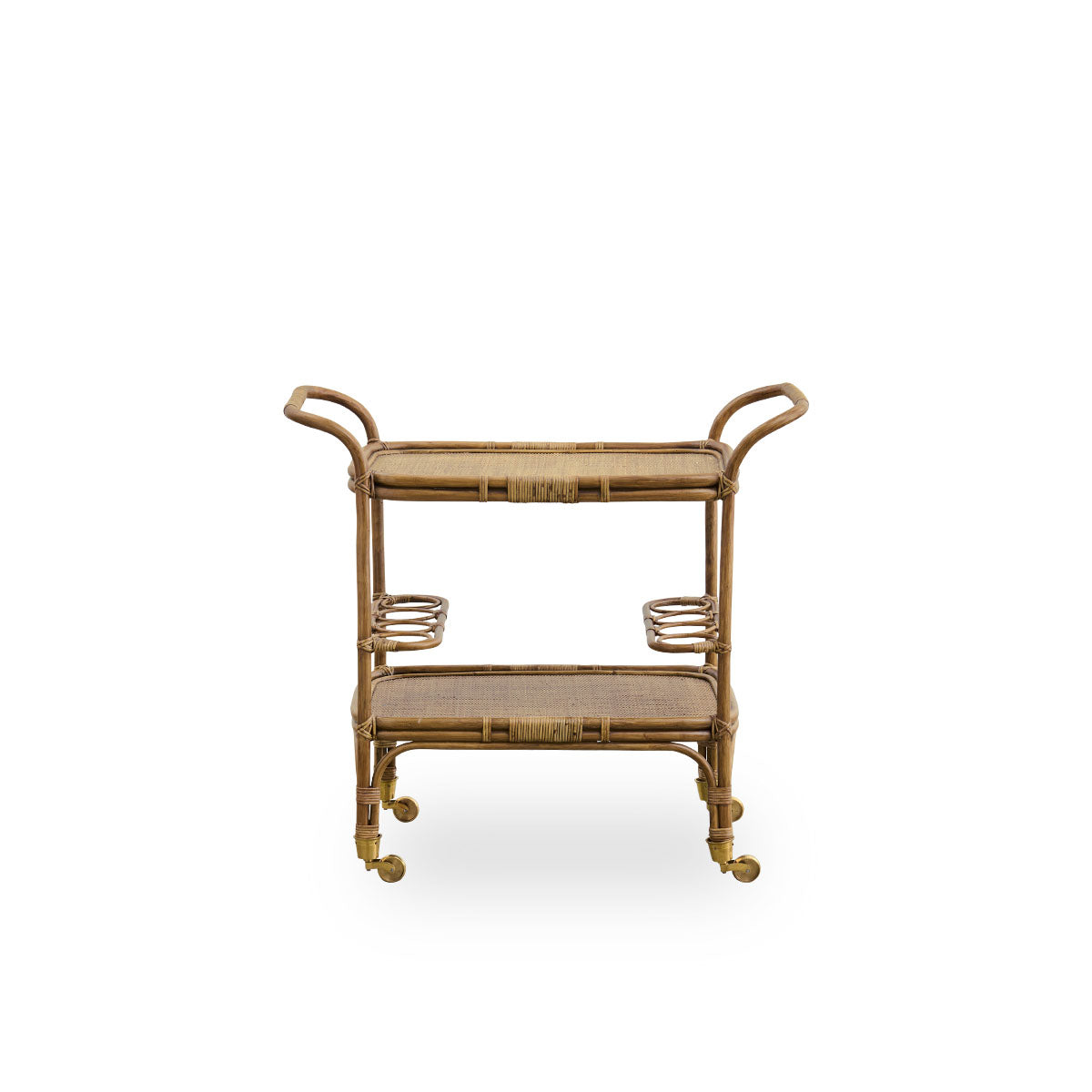 Ren front vinkel af Carlo barvogn, håndlavet i indonesisk rattan af høj kvalitet med en antikbrun finish og detaljeret fletværk på en solid rattanramme.