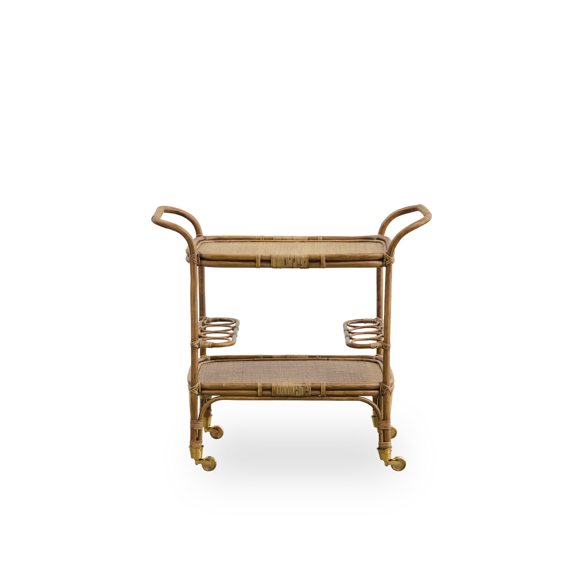 Ren front vinkel af Carlo barvogn, håndlavet i indonesisk rattan af høj kvalitet med en antikbrun finish og detaljeret fletværk på en solid rattanramme.