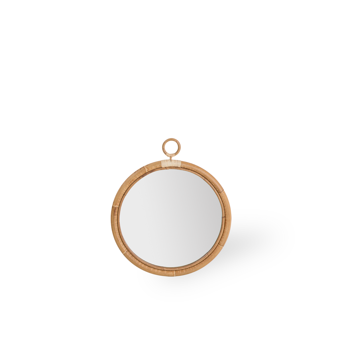 Rund Ella rattan-spejl, størrelse Large, med en diameter på 50 cm. Håndlavet i rattan af høj kvalitet fra Indonesien.