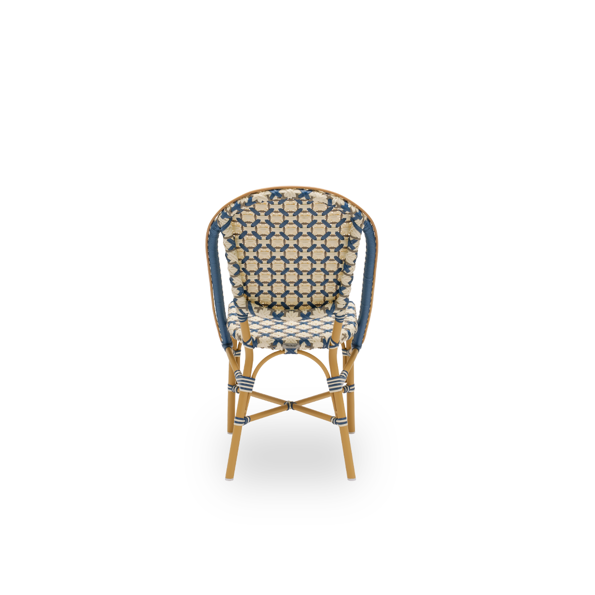 Back view of Sofie outdoor dining chair inspired by French café style. Aluminium frame in Almond color with fully woven seat- and backrest handcrafted in ArtFibre in starweave in Ivory, Navy Blue and Cappuccino. Stackable outdoor bistro chair.