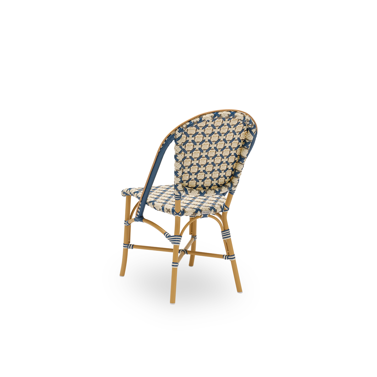 Back side view of Sofie outdoor dining chair inspired by French café style. Aluminium frame in Almond color with fully woven seat- and backrest handcrafted in ArtFibre in starweave in Ivory, Navy Blue and Cappuccino. Stackable outdoor bistro chair.