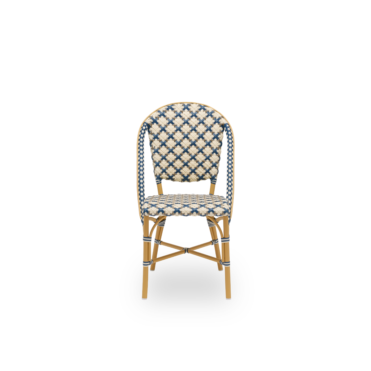 Front view of Sofie outdoor dining chair inspired by French café style. Aluminium frame in Almond color with fully woven seat- and backrest handcrafted in ArtFibre in starweave in Ivory, Navy Blue and Cappuccino. Stackable outdoor bistro chair.
