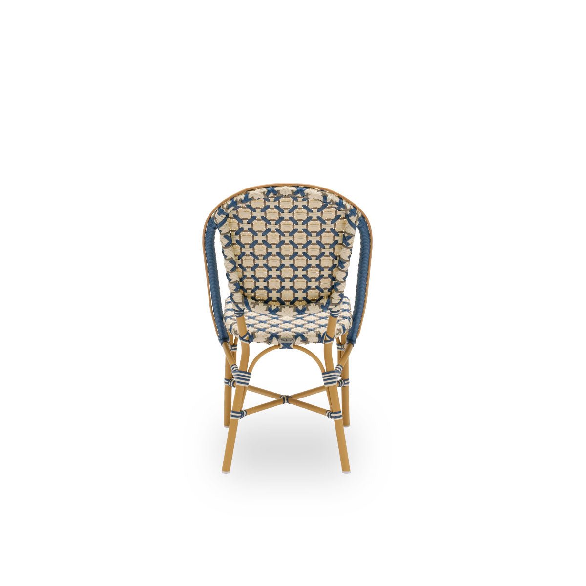 Back view of Sofie outdoor dining chair inspired by French café style. Aluminium frame in Almond color with fully woven seat- and backrest handcrafted in ArtFibre in starweave in Ivory, Navy Blue and Cappuccino. Stackable outdoor bistro chair.
