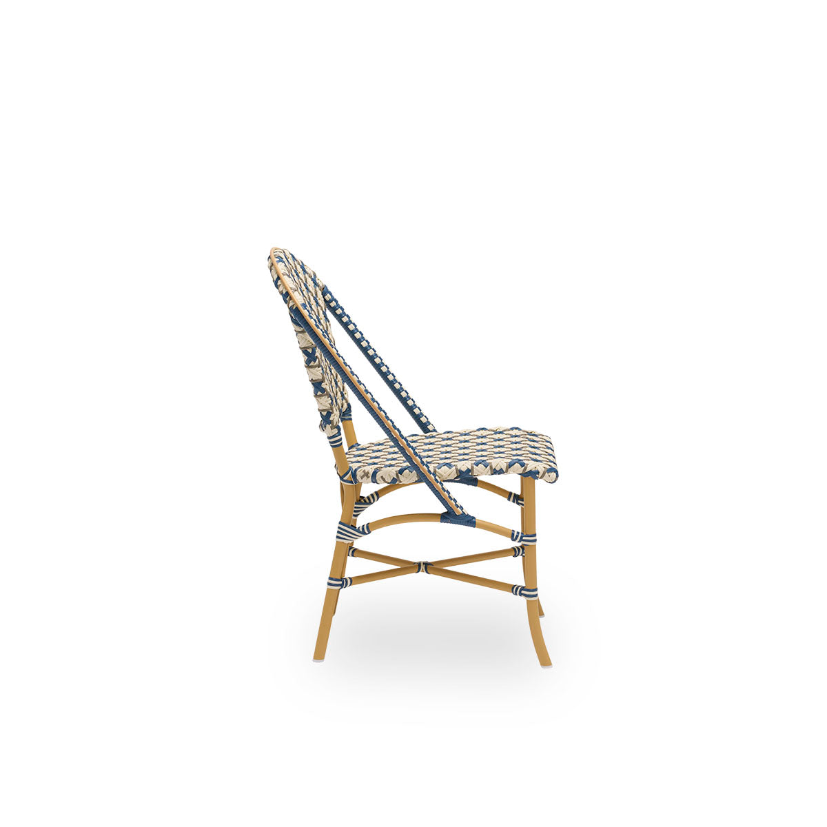 Plain side view of Sofie outdoor dining chair inspired by French café style. Aluminium frame in Almond color with fully woven seat- and backrest handcrafted in ArtFibre in starweave in Ivory, Navy Blue and Cappuccino. Stackable outdoor bistro chair.