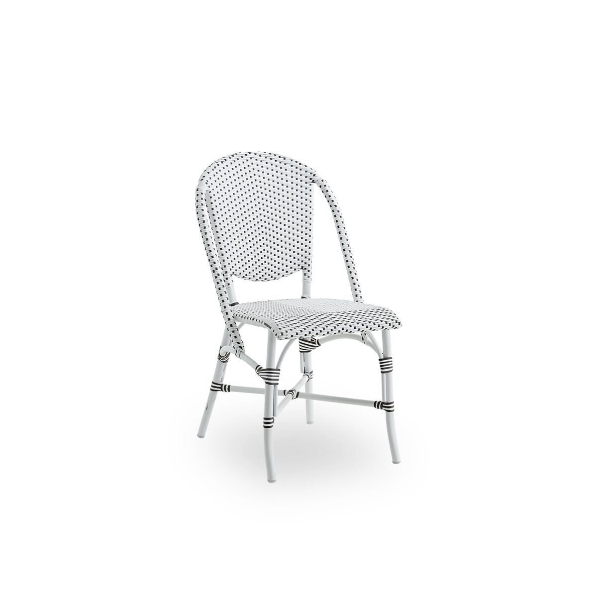 Side view of Sofie outdoor dining chair inspired by French café style. Aluminium frame in white color with fully woven seat- and backrest handcrafted in ArtFibre in white with brown dots pattern. Stackable outdoor bistro chair.