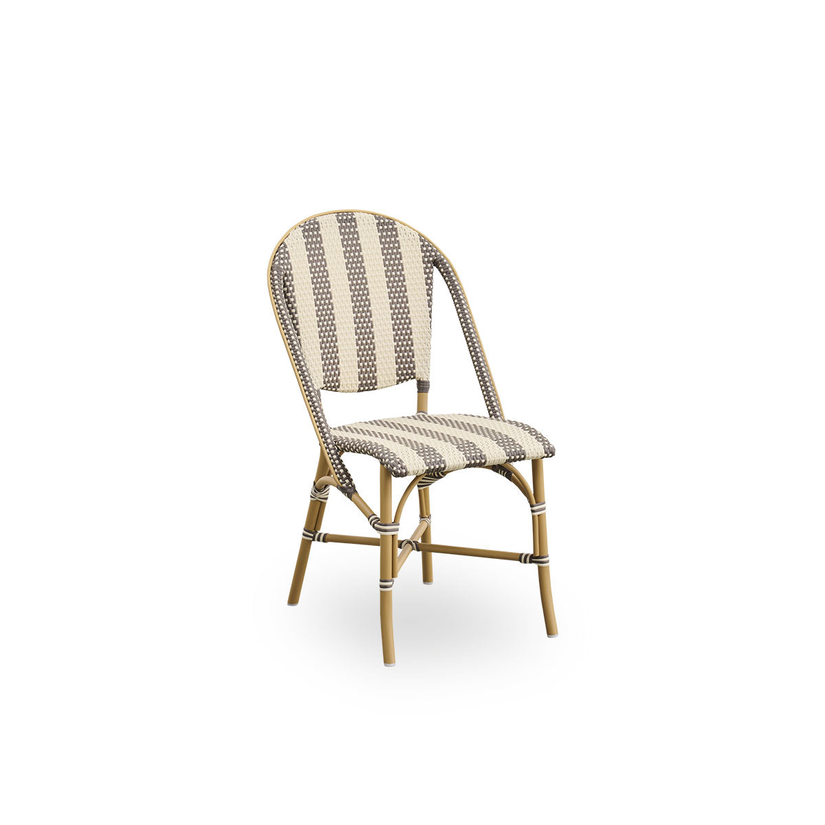 Side view of Sofie outdoor dining chair inspired by French café style. Aluminium frame in Almond color with fully woven seat- and backrest handcrafted in ArtFibre in broad striped pattern in Ivory and brown. Stackable outdoor bistro chair.