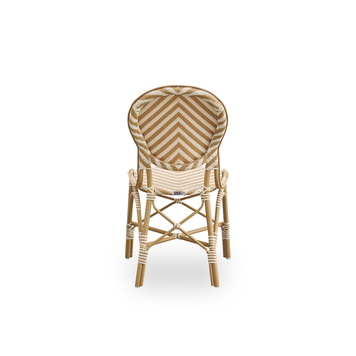 Plain back view of Isabell outdoor dining chair. Almond colored aluminium frame with seat and backrest made in ArtFibre in ivory and honey colored herringbone pattern.