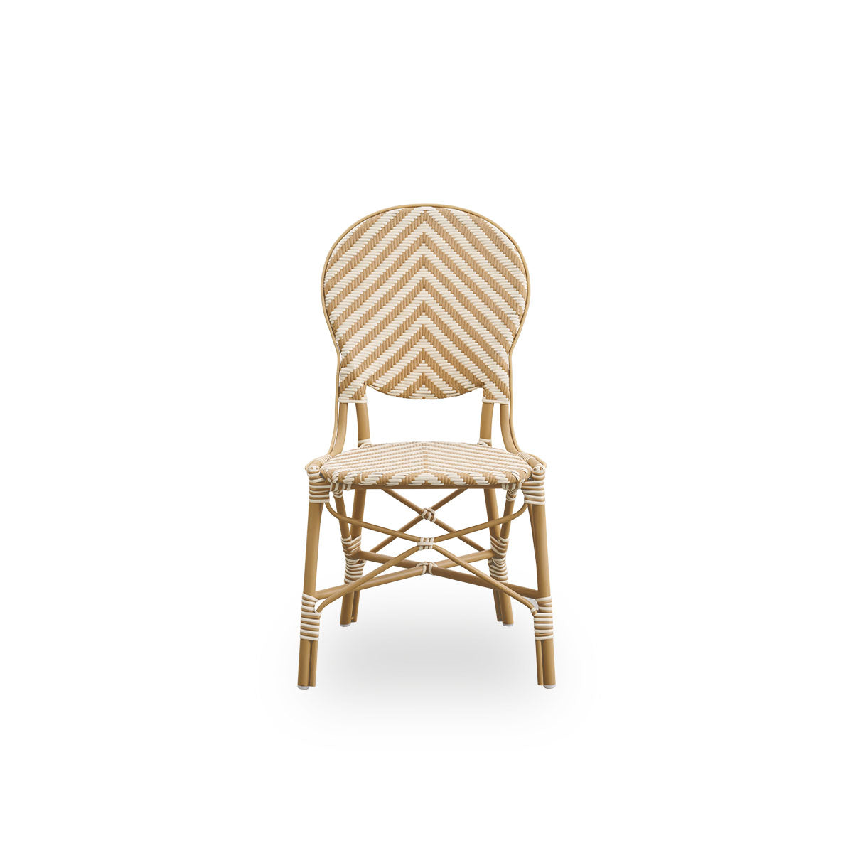Front view of the Isabell outdoor dining chair.
Almond-colored aluminium frame with seat and backrest made in ArtFibre in an ivory and honey-colored herringbone pattern.