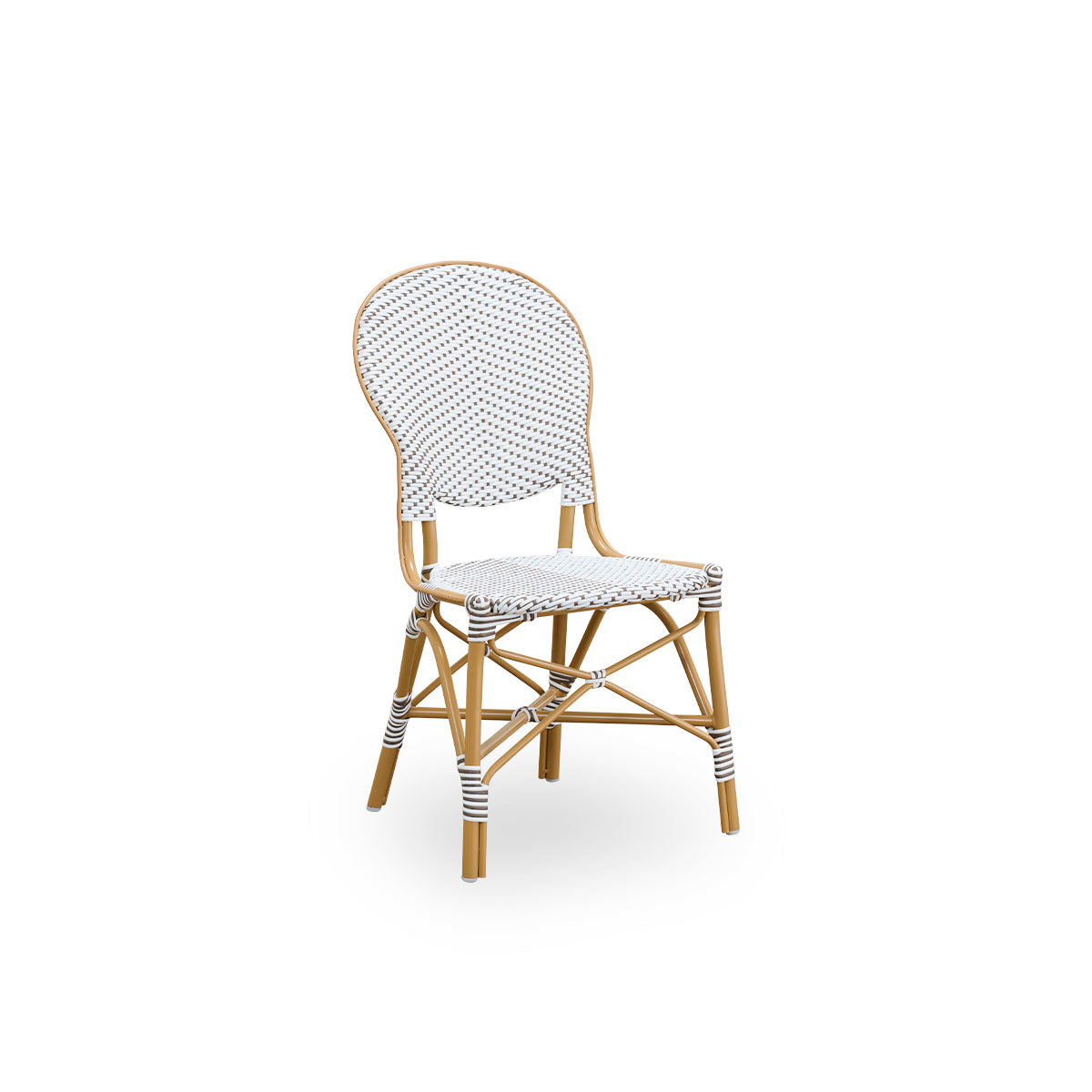 Side view of Isabell outdoor dining chair. Almond colored aluminium frame with seat and backrest made in white ArtFibre with brown dots. Inspired by 1950s bistro design.