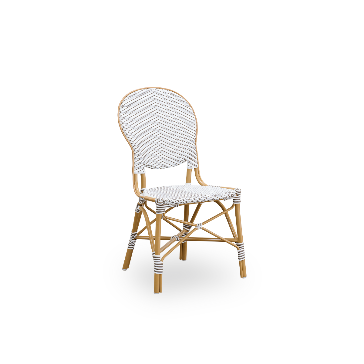 Side view af Isabell udendørs spisestol. Mandlefarvet aluminiumsramme med sæde og ryg i hvid Art