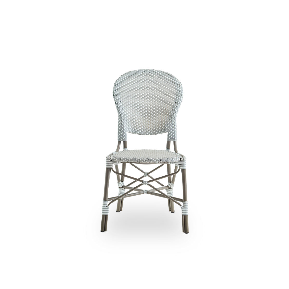 Front view of the Isabell outdoor dining chair.
Taupe aluminium frame with seat and backrest made in grey ArtFibre with white dots. Inspired by 1950s bistro design.