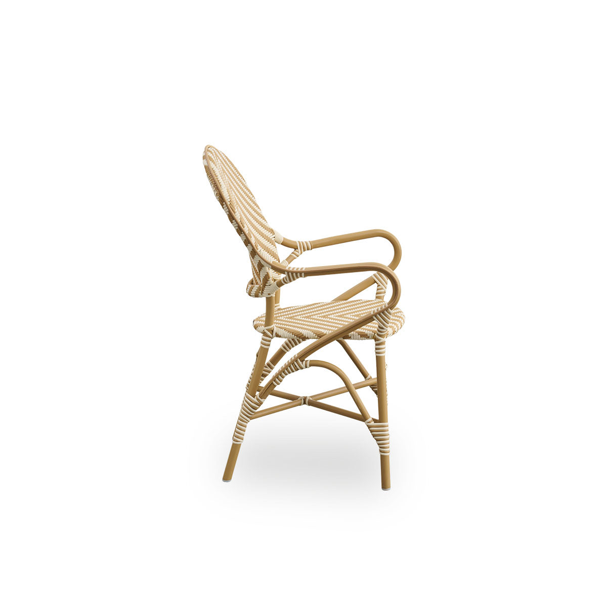 Plain side view of Isabell outdoor dining armchair. Almond colored aluminium frame with seat and backrest made in ArtFibre in ivory and honey colored herringbone pattern.