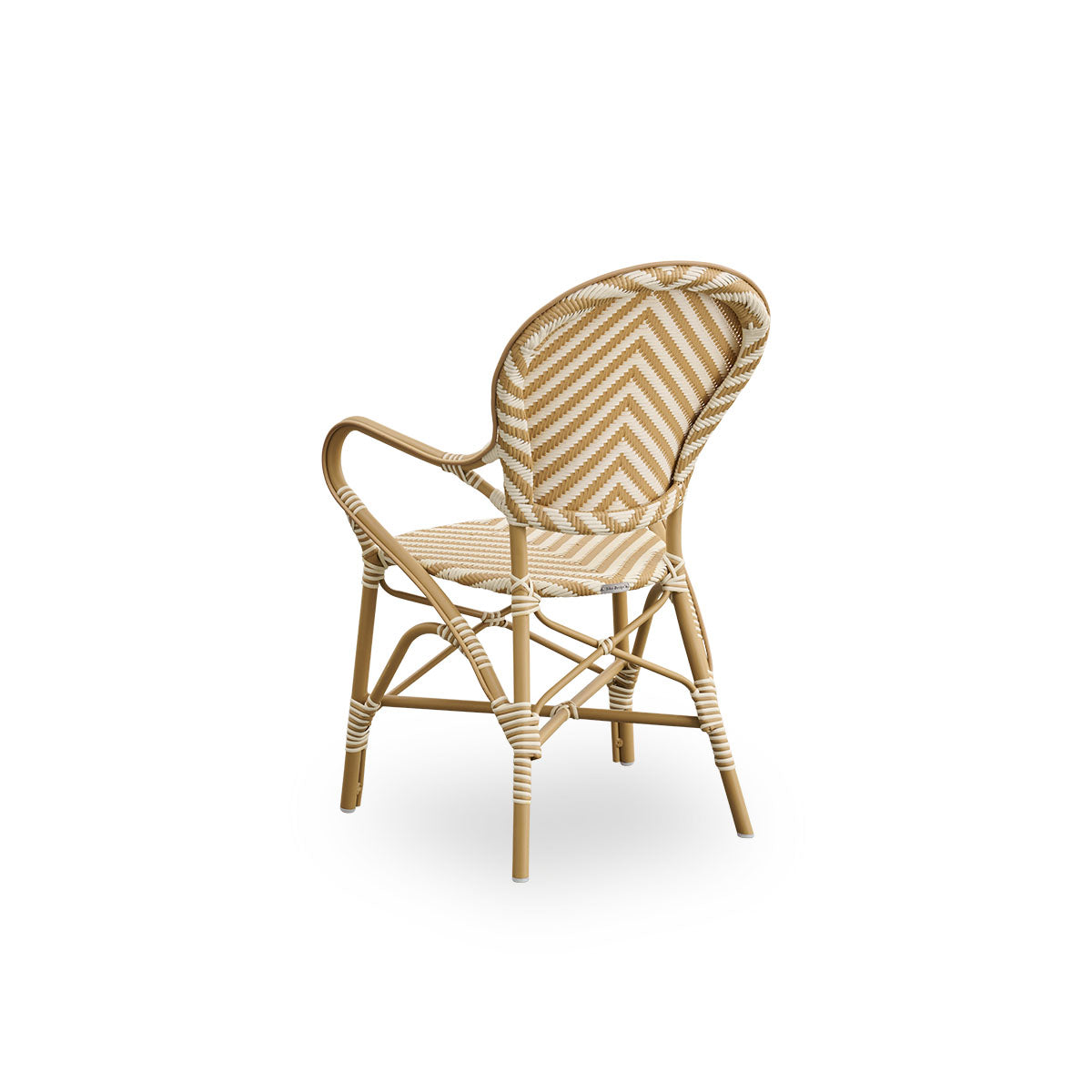 Back side view of the Isabell outdoor dining armchair.
Almond-colored aluminum frame with seat and backrest made in ArtFibre in an ivory and honey-colored herringbone pattern.