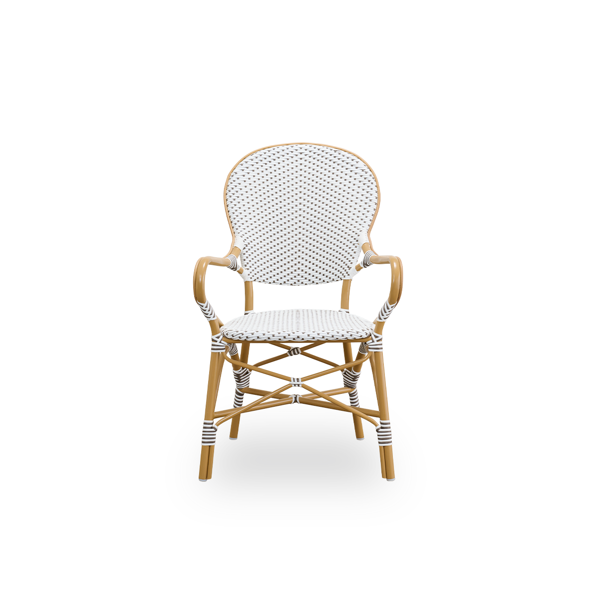 Ren front vinkel af Isabell udendørs spisebordsstol med armlæn.
Almondfarvet aluminiumsramme med sæde og ryglæn i hvid ArtFibre med brune prikker. Inspireret af bistrodesign fra 1950’erne.