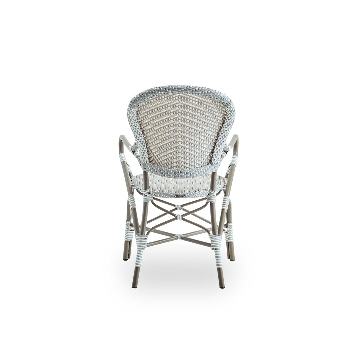 Plain back view of Isabell outdoor dining armchair. Taupe aluminium frame with seat and backrest made in grey ArtFibre with white dots. Inspired by 1950s bistro design.