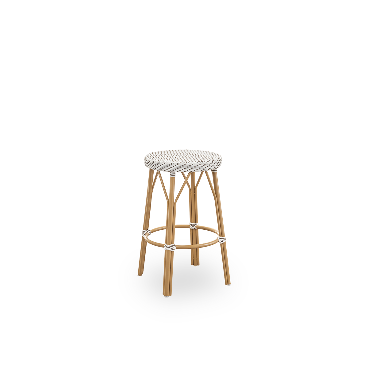 Side view af Simone udendørs bardiskstol, højde 68 cm. Aluminiumsramme i Almond farve med fodstøtte og fuldt flettet rundt sæde håndlavet i ArtFibre i hvid med brune prikker. Stabelbar bardiskstol.