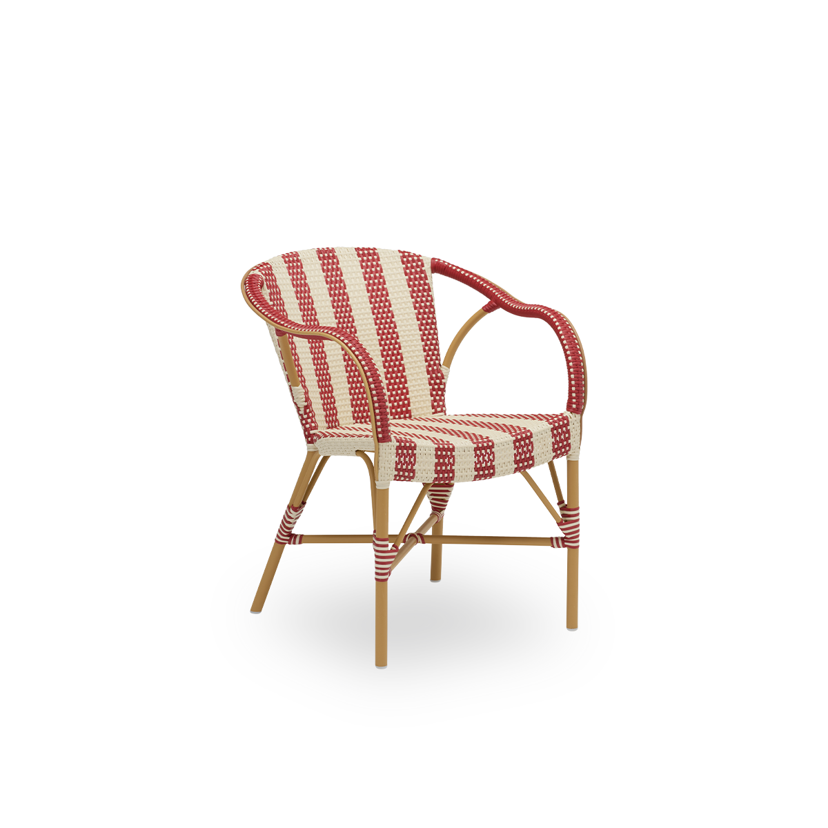 Sidevisning af Madeleine udendørs spisebordsstol, i mandelfarvet stel med stribet bordeaux og elfenben ArtFibre. Del af Alu-Affäire-kollektionen, inspireret af Sika-Designs egne designs fra 1950'erne og parisiske bistroer. Kan stå ude hele året.