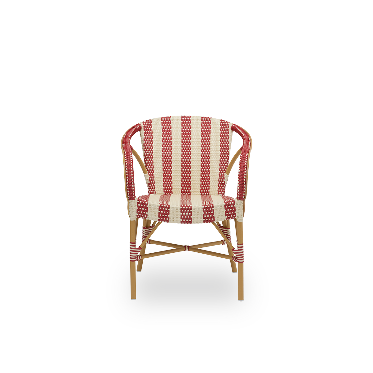 Visning forfra af Madeleine udendørs spisebordsstol, i mandelfarvet stel med stribet bordeaux og elfenben ArtFibre. Del af Alu-Affäire-kollektionen, inspireret af Sika-Designs egne designs fra 1950'erne og parisiske bistroer. Kan stå ude hele året.